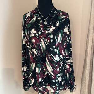 THE LIMITED‎  Purple Green and White Print Blouse with Gold Metallic Threads XL